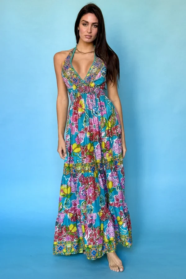 Long Beaded Cotton Summer Dress Colorful