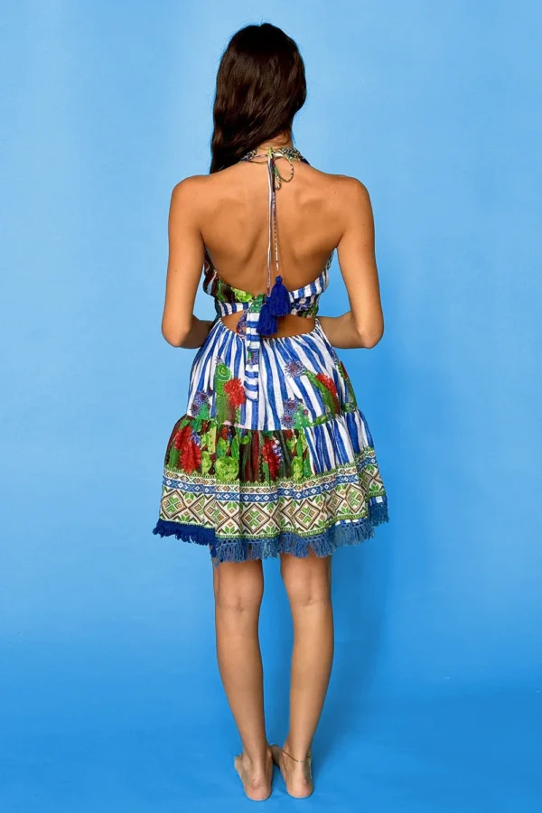 Short Beaded Summer Dress Navy Blue Red Cotton - Image 2