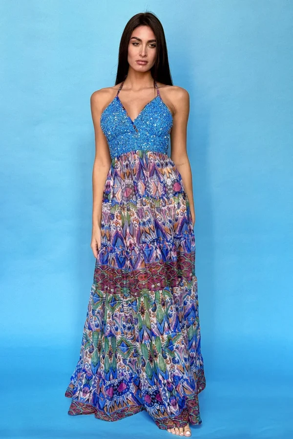 Long Dress Beaded Blue Color Polychiffon Boho Abstract Theme