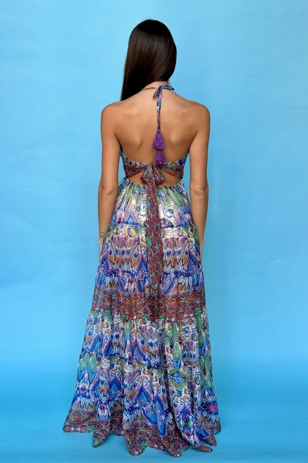Long Dress Beaded Blue Color Polychiffon Boho Abstract Theme - Image 2