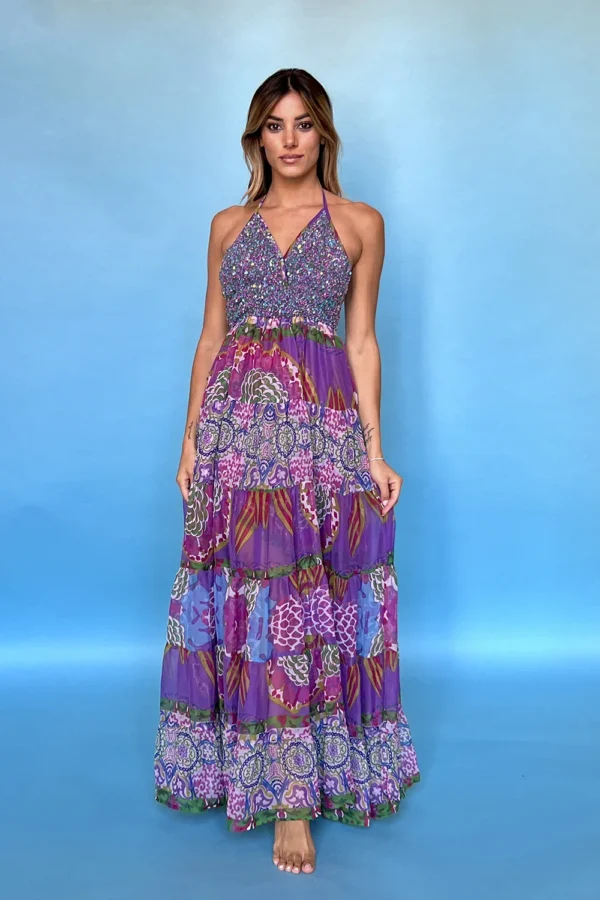 Long Polychiffon See Through Beaded Dress Beach Coverup For Beachh Party