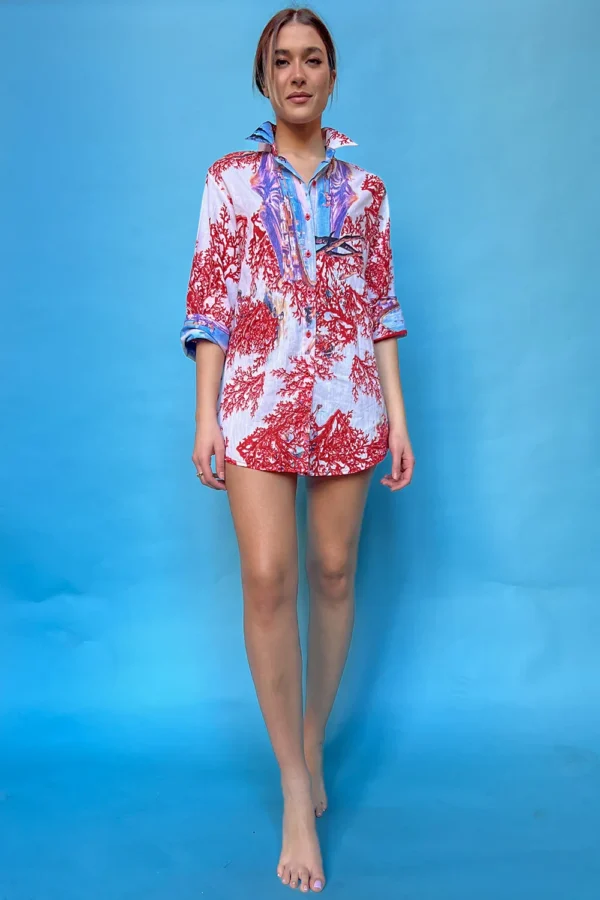 Button Up Shirt Marine Algae Themed Denim Cotton