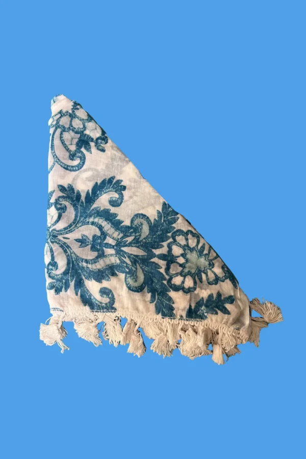 Cotton Triangle Scarf Green And White Embroidery Theme