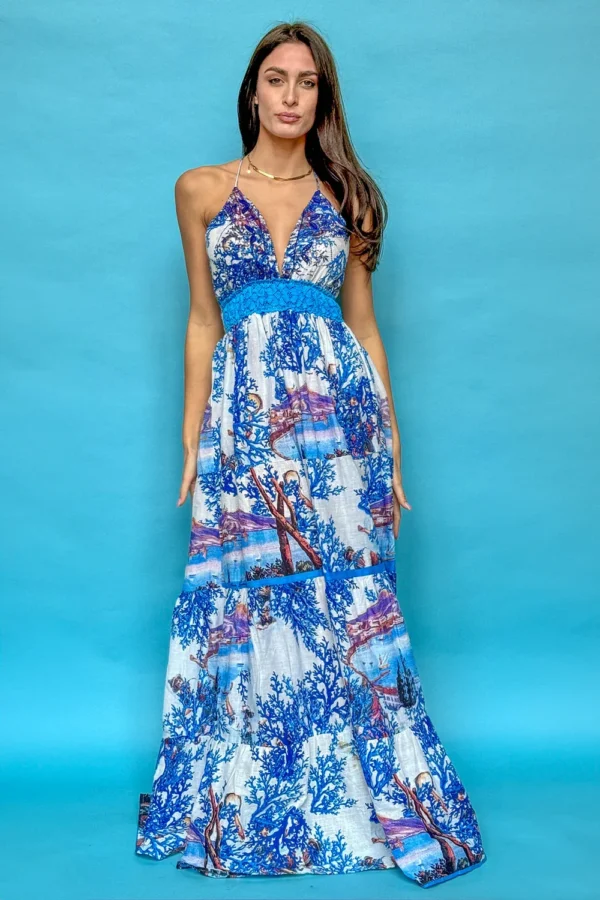 Long Marine Theme Cotton Dress With V Neck And Open Back