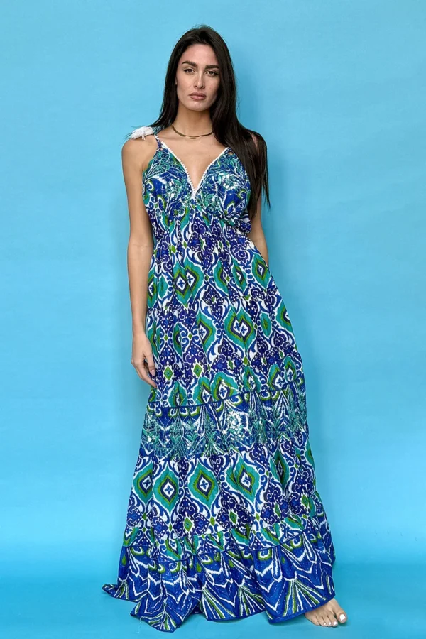 Long Cotton Dress With Straps. V Neck And V Back