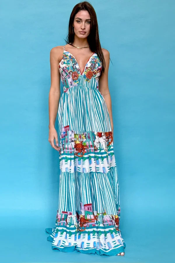 Long Beaded Marine Dress Cotton Blend With Open Back
