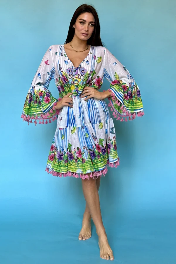 Short Dress Long Sleeve Cotton Blend Summer Dress Butterfly And Spring Theme