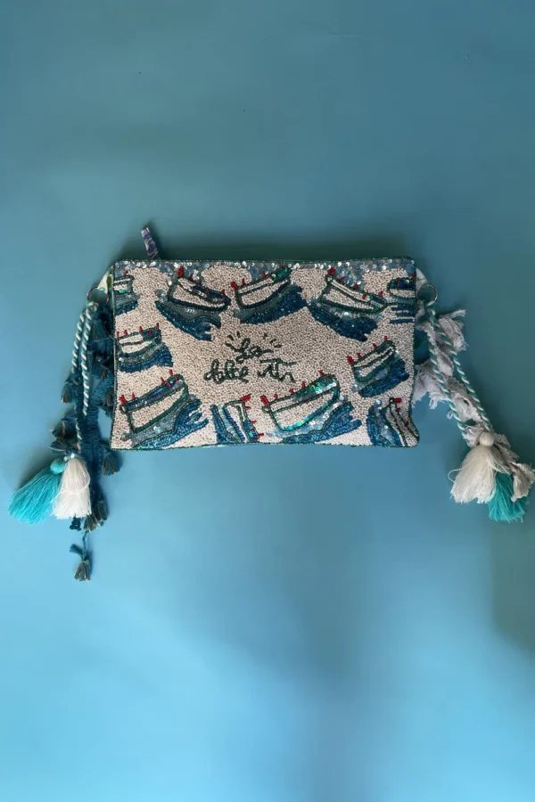 Dolce Vita Cotton Blue Boats Marine Theme Beaded Clutch