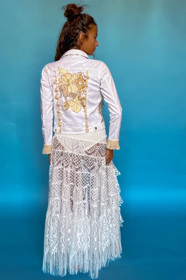 Denim Jacket White Cotton With Gold Details Medium Size