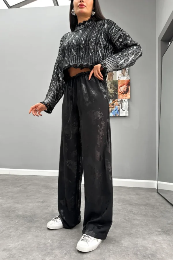 Black Foil Printed Wide Leg Pants