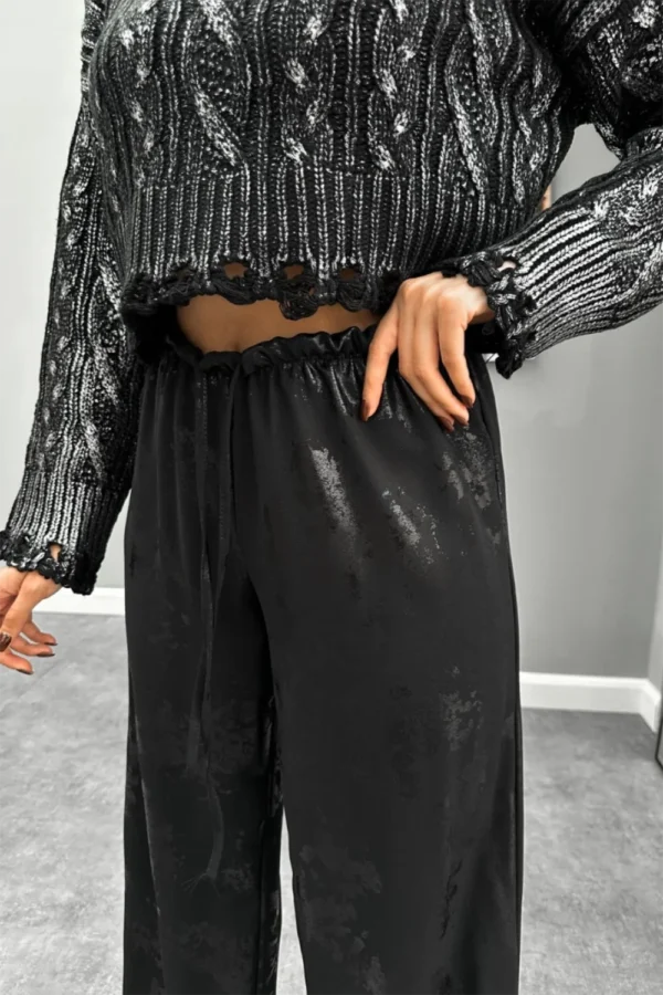 Black Foil Printed Wide Leg Pants - Image 3