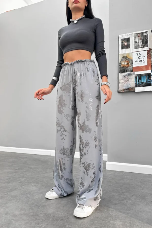 Grey Foil Printed Wide Leg Pants