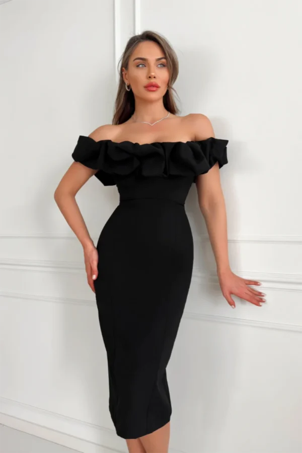 Frilly Fitted Black Midi Dress