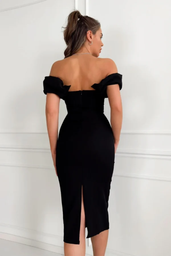 Frilly Fitted Black Midi Dress - Image 2