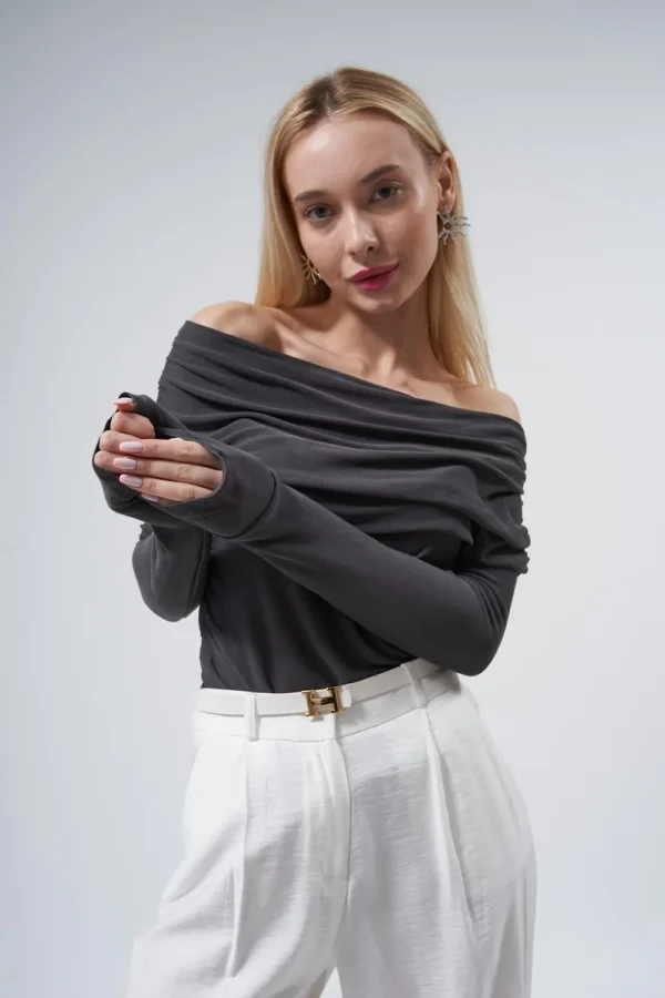 Soft Charcoal Off Shoulder Knit
