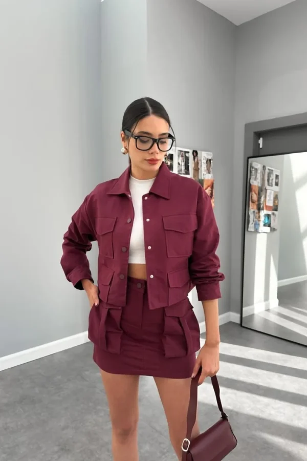 Burgundy Pocket Detail Skirt And Jacket Set