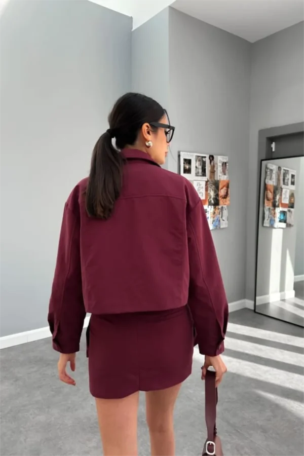 Burgundy Pocket Detail Skirt And Jacket Set - Image 2
