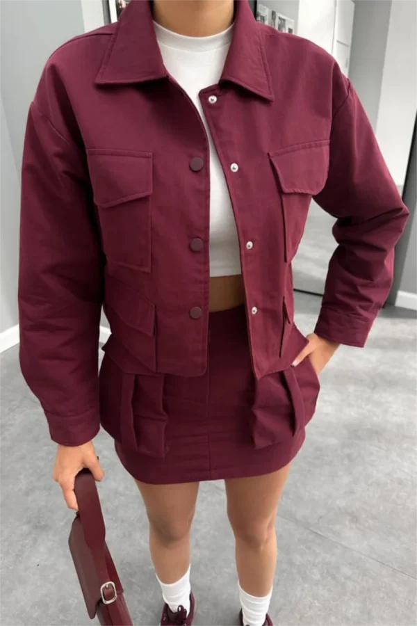 Burgundy Pocket Detail Skirt And Jacket Set - Image 3
