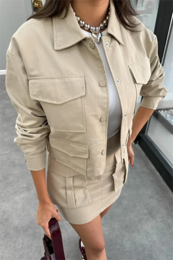 Beige Pocket Detailed Skirt And Jacket Set - Image 2