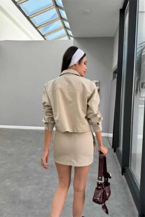 Beige Pocket Detailed Skirt And Jacket Set - Image 3
