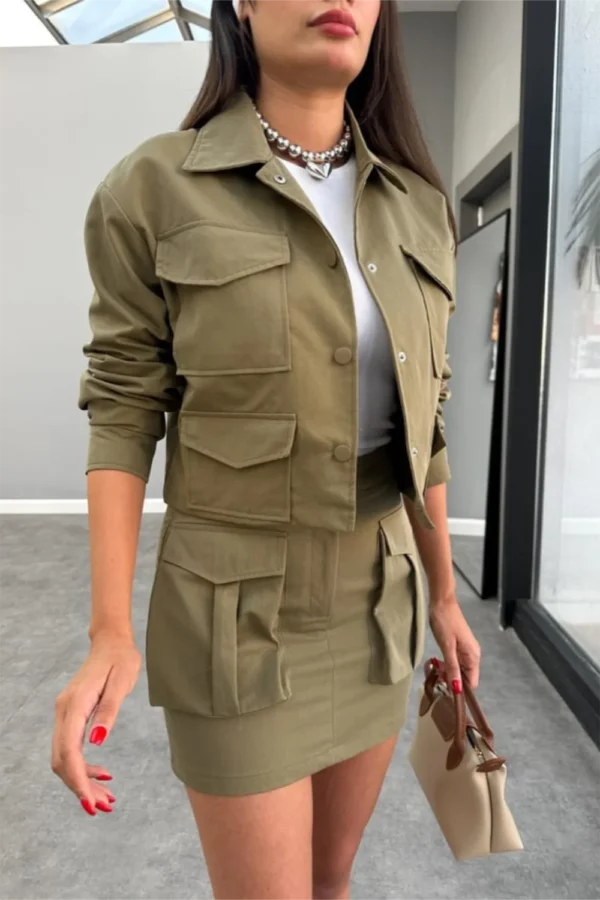 Green Pocket Detail Skirt And Jacket Set - Image 2