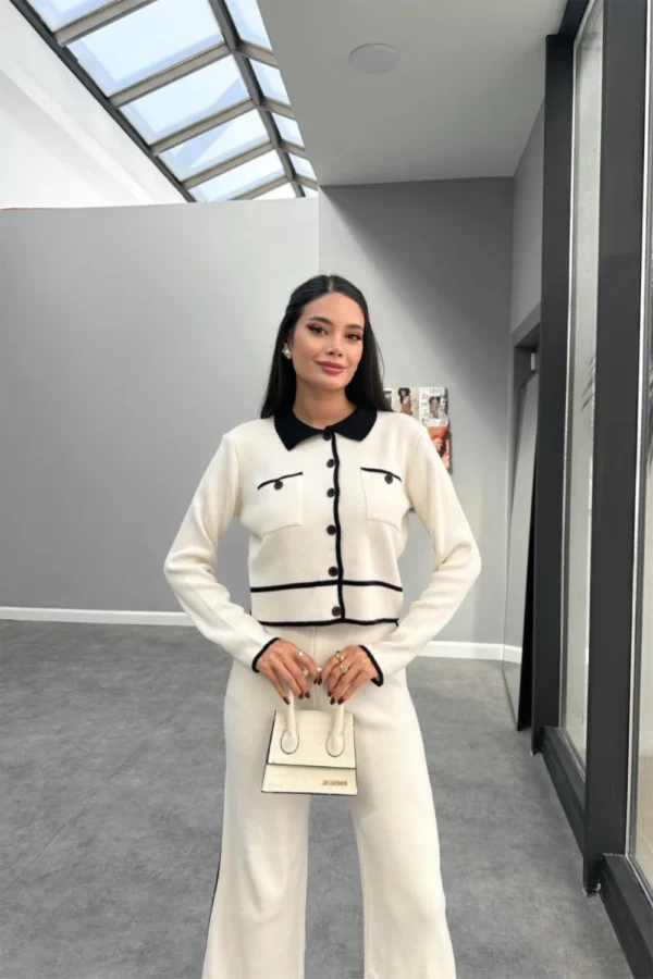 Cream Buttoned Two Piece Knitwear Set