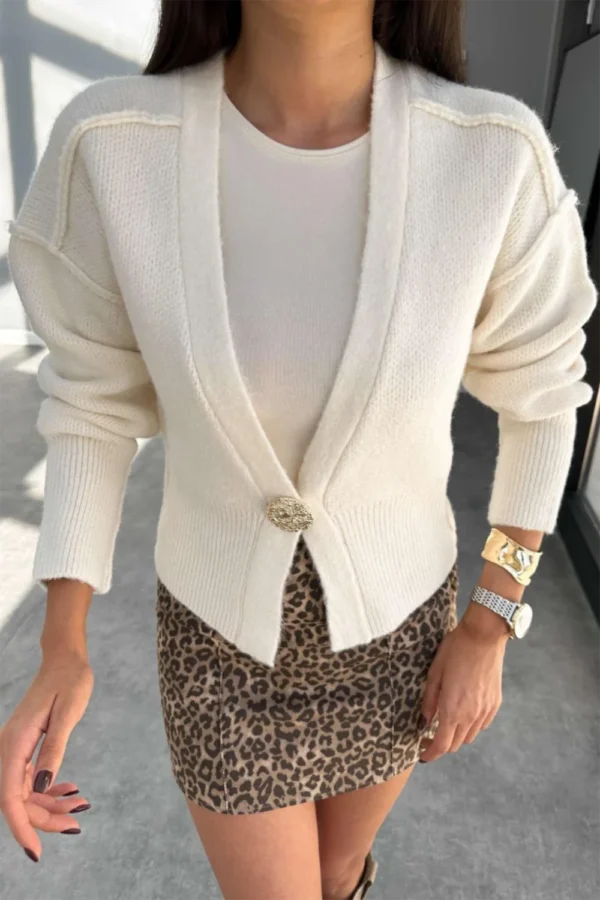 Reverse Seam Cream Color Single Button Cardigan - Image 2