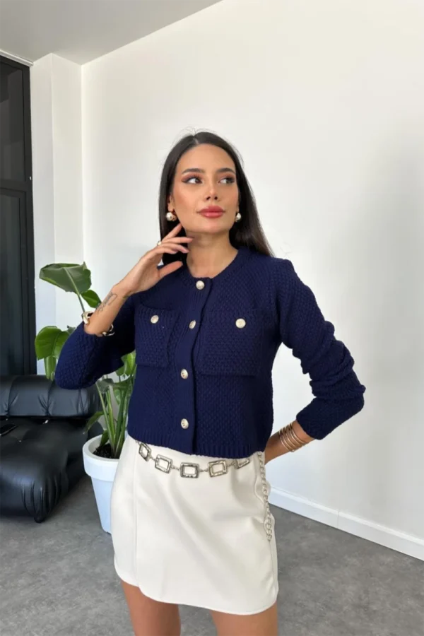 Navy Blue Pocket Gold Buttoned Cardigan