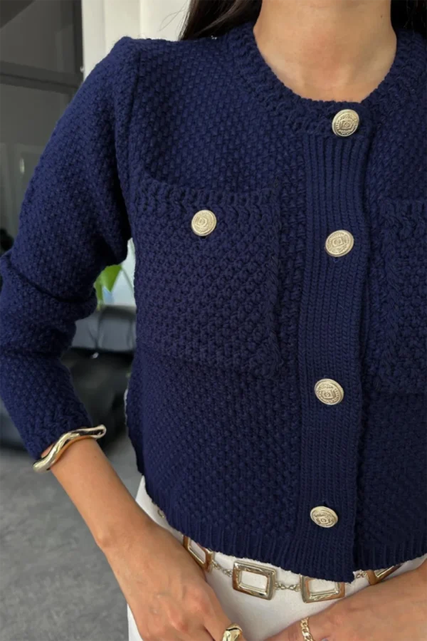 Navy Blue Pocket Gold Buttoned Cardigan - Image 2