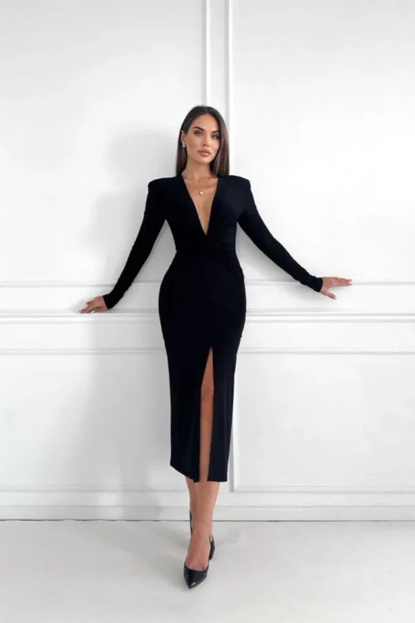 Black Deep V Neck Dress With Front Split