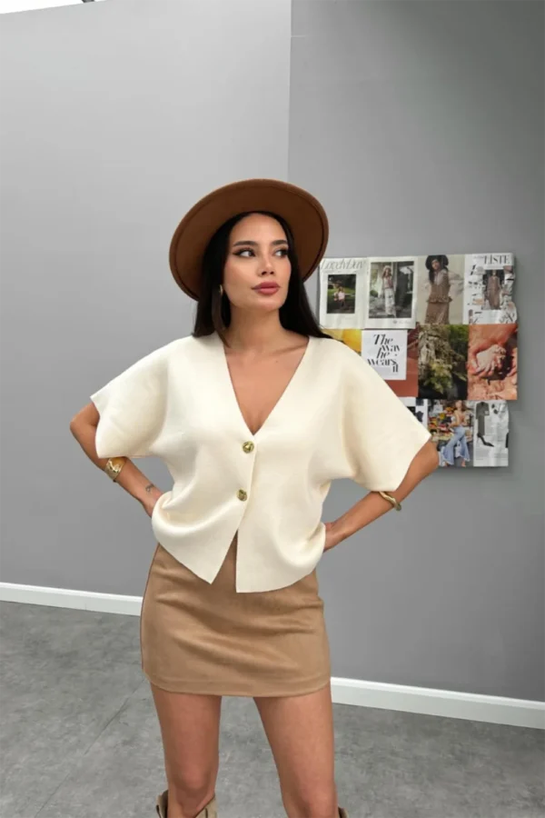 Cream Color Gold Button Short Sleeve Cardigan