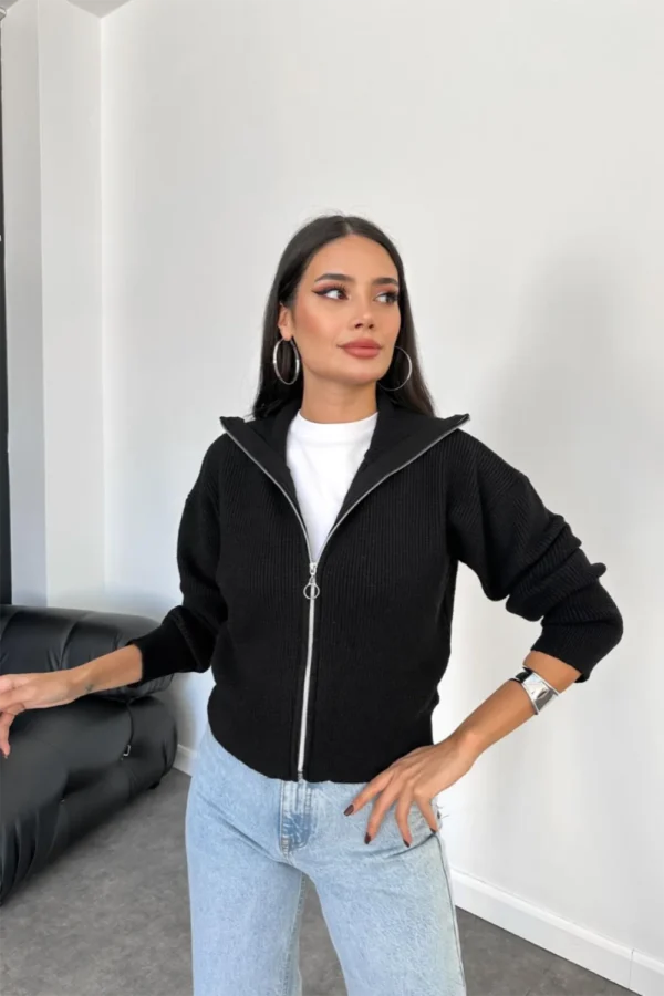 Black Zip Up Polo Neck Cardigan