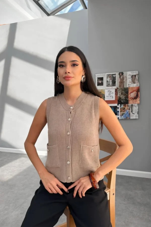 Button Up Vest Knit Beige Color