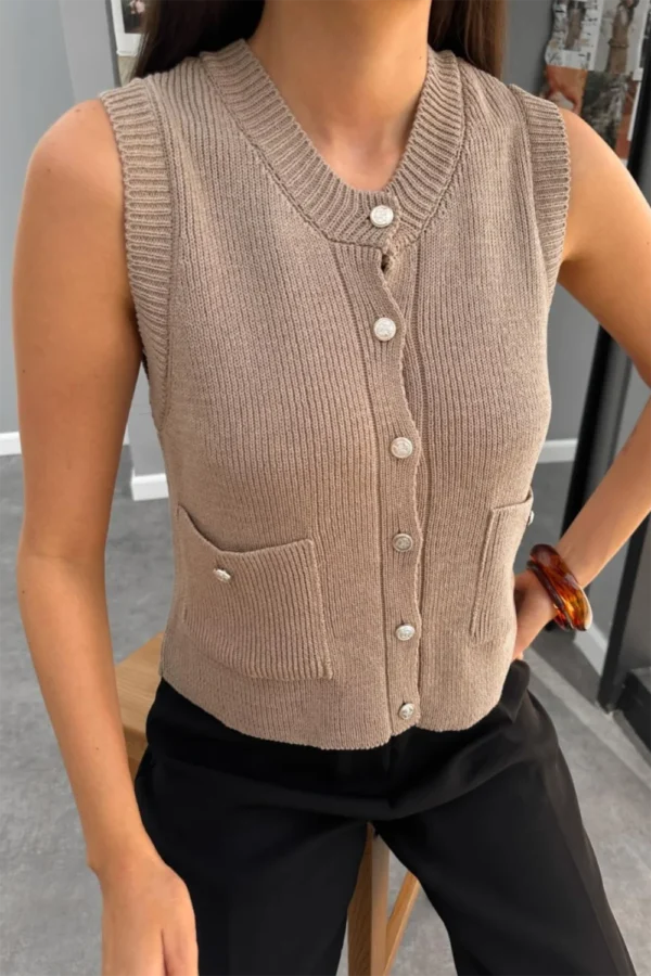 Button Up Vest Knit Beige Color - Image 2