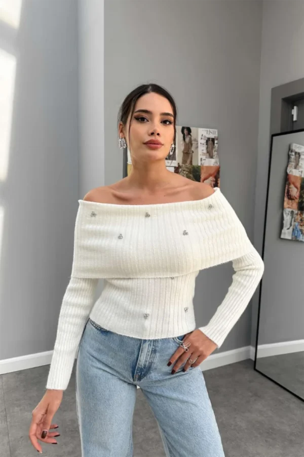 Madonna Off Shoulder Cream Color Knit With Shiny Stud Detail