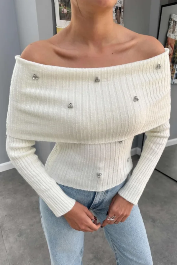 Madonna Off Shoulder Cream Color Knit With Shiny Stud Detail - Image 2