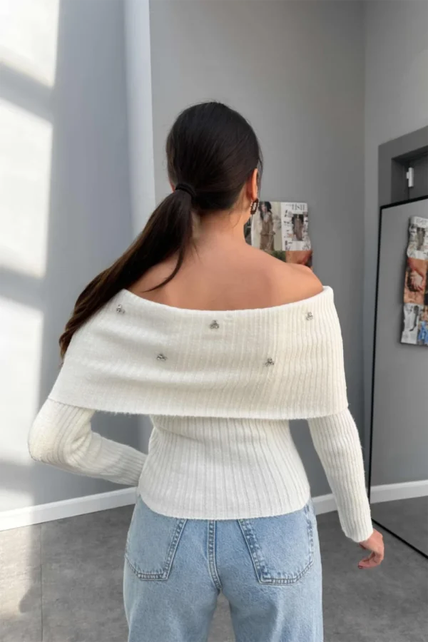 Madonna Off Shoulder Cream Color Knit With Shiny Stud Detail - Image 3