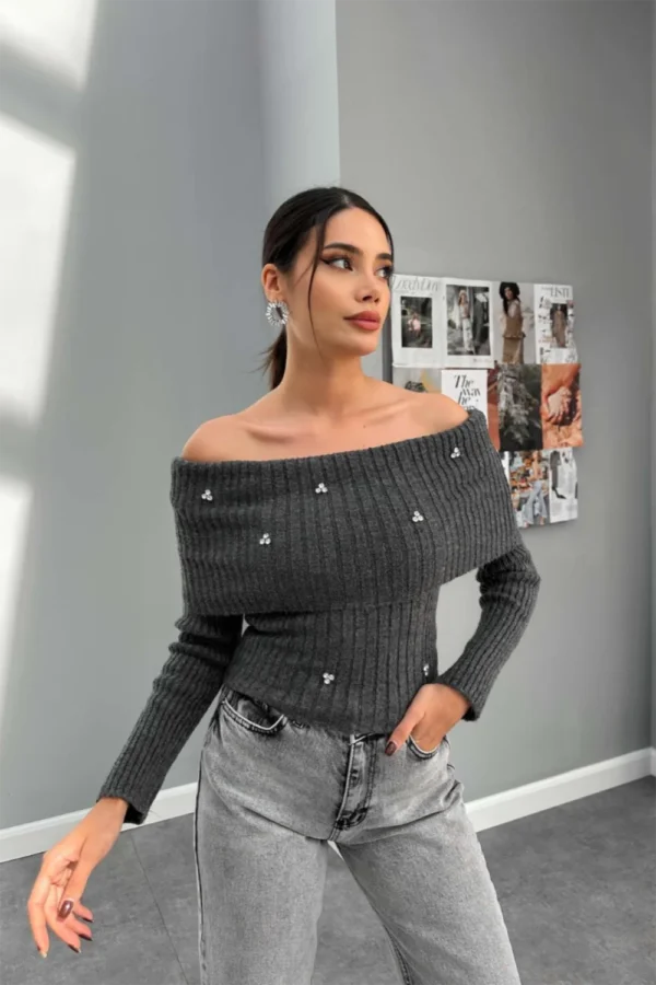 Madonna Off Shoulder Charcoal Color Knit With Shiny Stud Detail