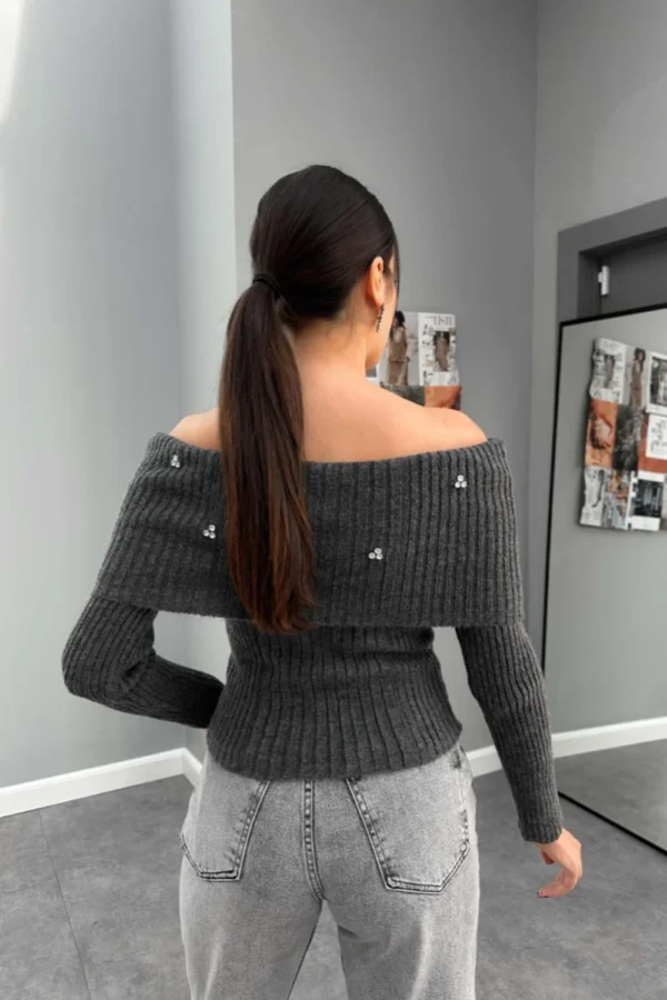 Madonna Off Shoulder Charcoal Color Knit With Shiny Stud Detail - Image 3