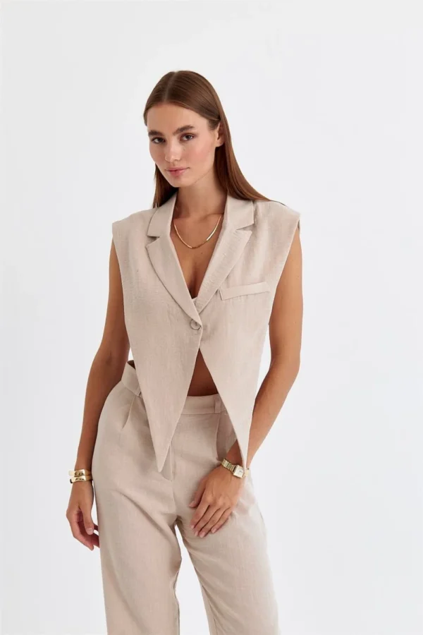 Front Button Cream  Vest Linen Blend