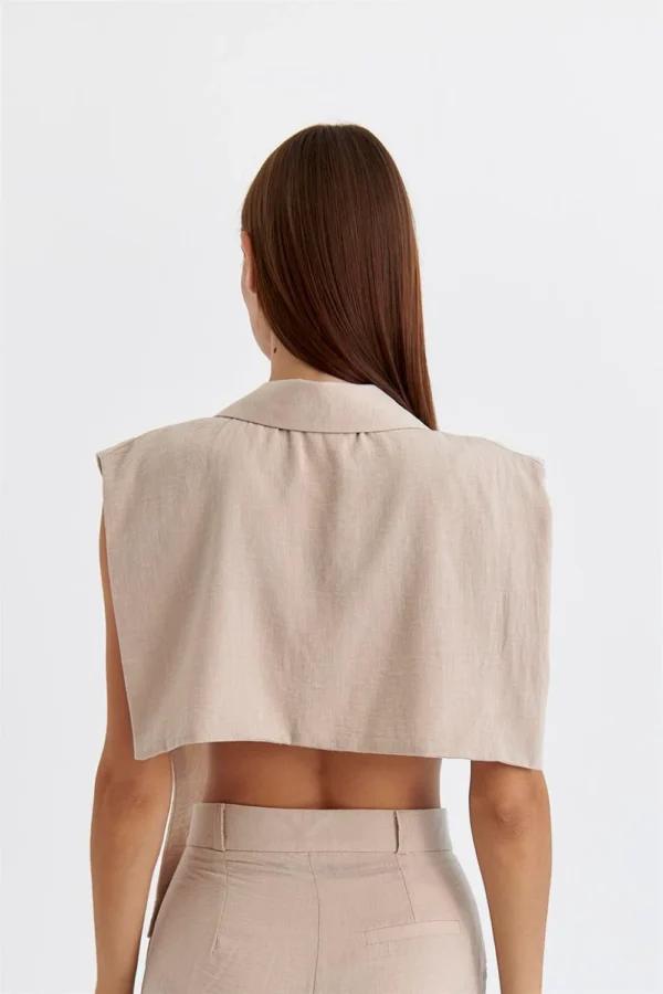 Front Button Cream  Vest Linen Blend - Image 2