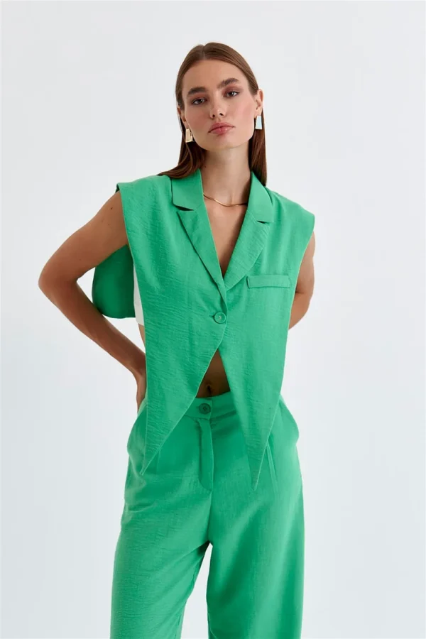 Front Button Green Vest Linen Blend