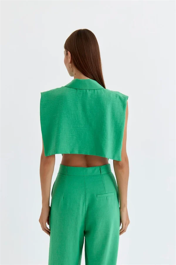 Front Button Green Vest Linen Blend - Image 2