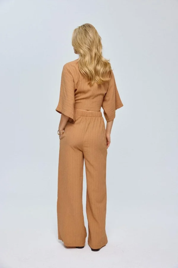 Tie Knot Detailed Blouse And Pants Set Camel Color - Image 2