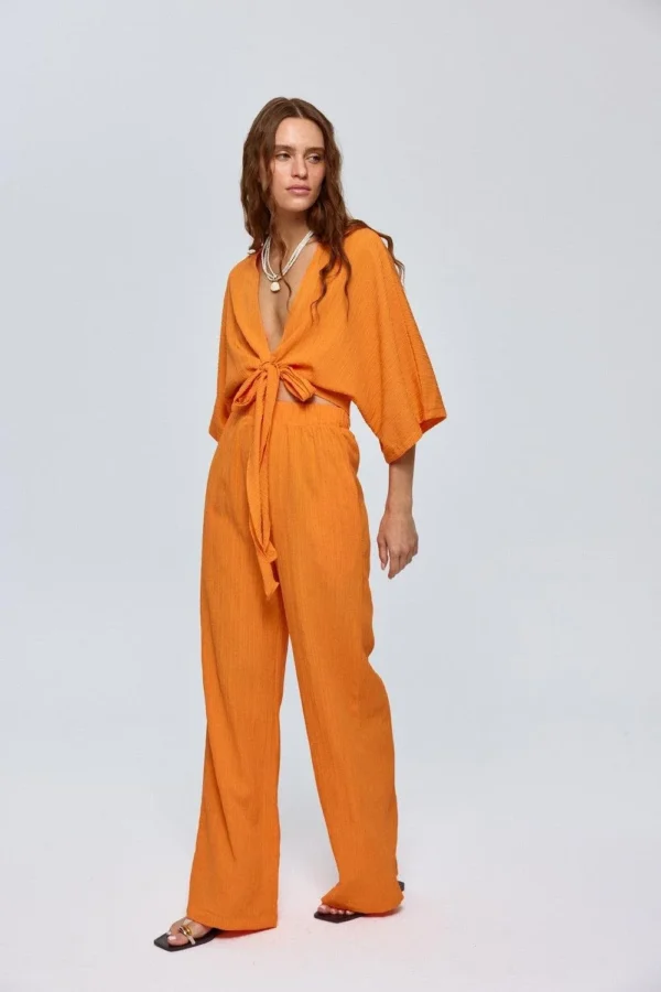 Tie Knot Detailed Blouse And Pants Set Orange