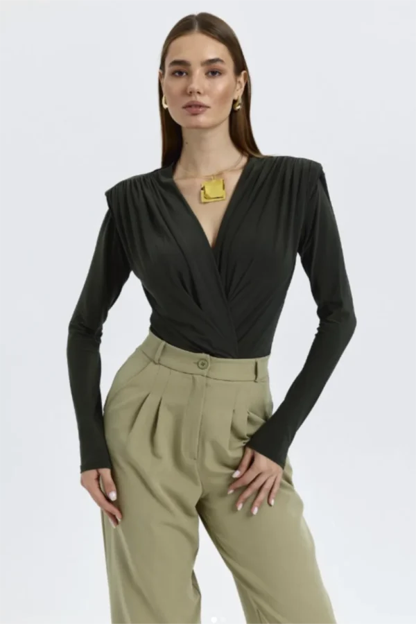 Black Long Sleeve Bodysuit V Neck