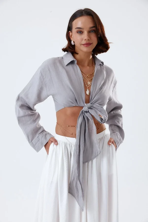 Grey Front Tie Detailed Cropped Linen Shirt