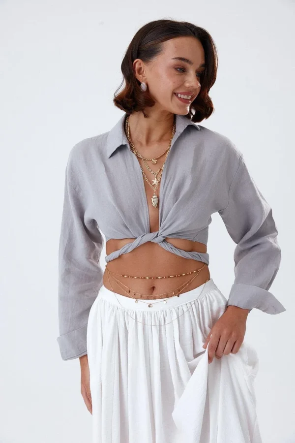 Grey Front Tie Detailed Cropped Linen Shirt - Image 2
