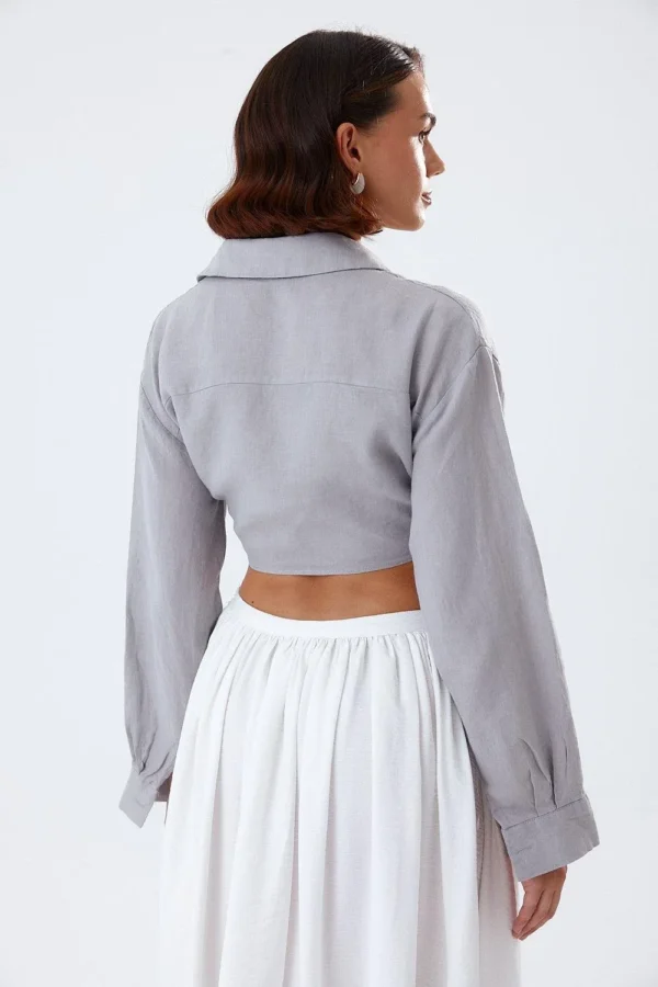 Grey Front Tie Detailed Cropped Linen Shirt - Image 3
