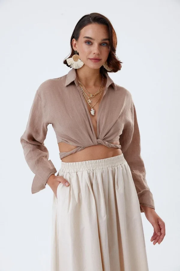 Mink Color Front Tie Detailed Cropped Linen Shirt